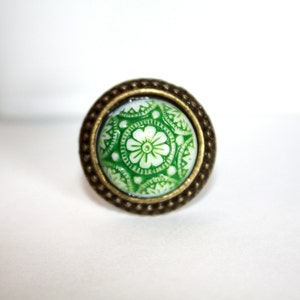 Green Floral Rustic Czech Glass/Antique Bronze Adjustable Ring, Rustic Jewelry,