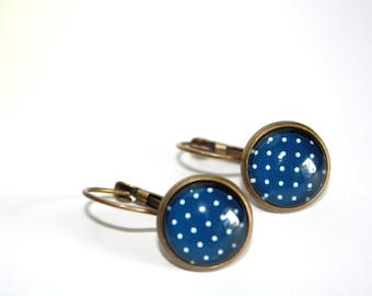 Polka Dot Earrings, Navy Blue and White Stud Earrings, Bronze Ear Posts, Bronze Leverback, Holiday Jewelry,