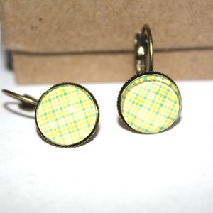 Yellow and Green Plaid Leverback Earrings Yellow Earrings Bronze Leverback