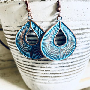 Patina Teardrop Dangle Earrings, Boho Earrings, Patina Jewelry, Verdigris Patina, Oval Earrings