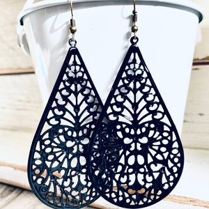 Black Color Teardrop Filigree Earrings, Handpainted Earrings, Bronze Filigree Earrings,Earrings Boho Earrings Rustic Jewelry Dangle Earrings