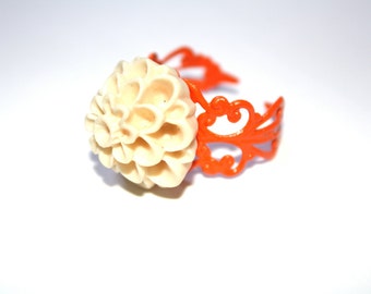 Tangerine and Cream Adjustable Filigree Ring