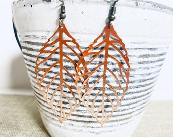 Rusty ombré Color Leaf Earrings, Boho Earrings, Lighweight Earrings, Fall Jewelry, Handpainted Earrings