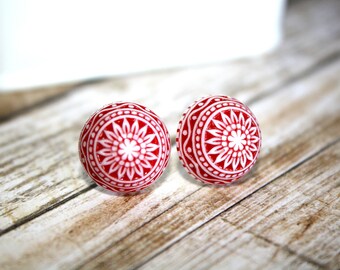 Red Mosaic Pattern Stud Earrings, Silver Ear Posts