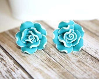 Sea Blue Flower Earrings Post Earrings