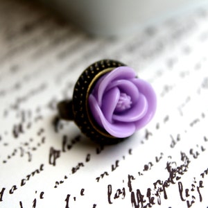 Purple Flower /Antique Bronze Adjustable Ring, Rustic Jewelry,