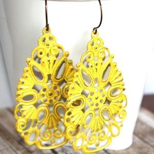 Handpainted Yellow Filigree Teardrop Earrings, Yellow Earrings, Handpainted Earrings, Boho Earrings Rustic Jewelry Dangle Earrings