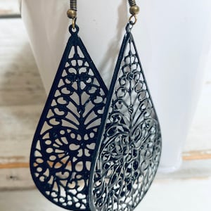 Black  Teardrop Filigree Earrings, Handpainted Earrings, Bronze Filigree Earrings,Earrings Boho Earrings Rustic Jewelry Dangle Earrings