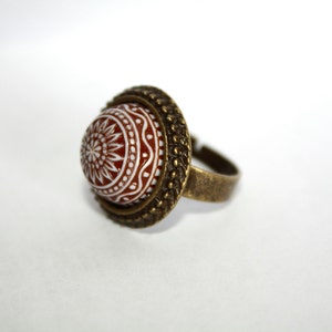 Brown Floral Rustic Czech Glass/Antique Bronze Adjustable Ring, Rustic Jewelry,
