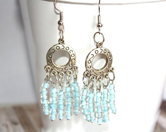 Baby Blue Glass Beads Dangle Earrings,Boho Earrings, Silver Jewelry, Summer Jewelry,