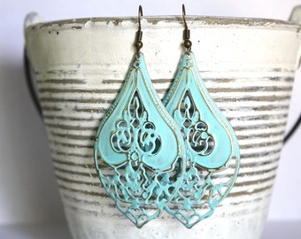 Teardrop Filigree Earrings, Marine Blue Earrings, Light Turquoise, Boho Earrings Rustic Jewelry Dangle Earrings