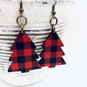 Plaid Tree Earrings, Christmas, Winter Jewelry, Statement Earrings, Laser cut Wood, Natural Accessories, Beach Earrings,Holiday Earrings
