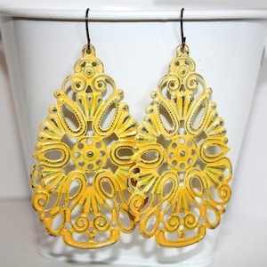 Yellow Filigree Teardrop Earrings, Yellow Ombre Distressed Earrings, Handpainted Earrings, Boho Earrings Rustic Jewelry Dangle Earrings
