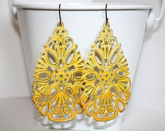 Yellow Filigree Teardrop Earrings, Yellow Ombre Distressed Earrings, Handpainted Earrings, Boho Earrings Rustic Jewelry Dangle Earrings
