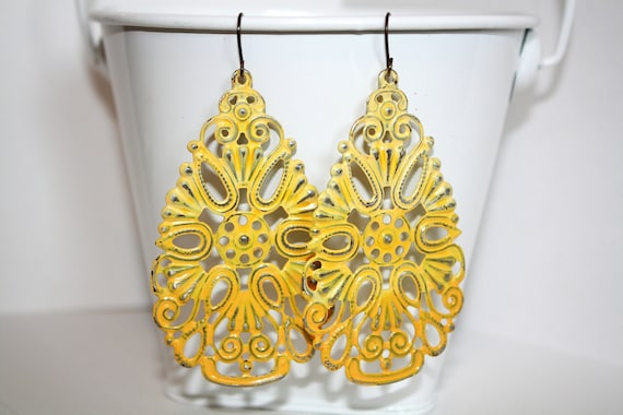Yellow Filigree Teardrop Earrings, Yellow Ombre Distressed