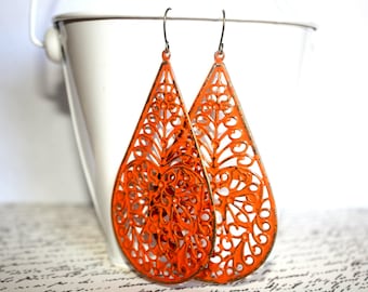 Orange Teardrop Filigree Earrings, Handpainted Earrings, Bronze Filigree Earrings,Earrings Boho Earrings Rustic Jewelry Dangle Earrings