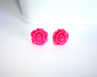 Pink Flower Earrings, Stud Earrings