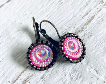 Pink Iridescent  Lever Back Earrings, Pierced Earrings, Animal Print Earrings