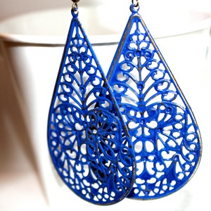 Royal Blue Teardrop Filigree Earrings, Handpainted Earrings, Bronze Filigree Earrings,Earrings Boho Earrings Rustic Jewelry Dangle Earrings