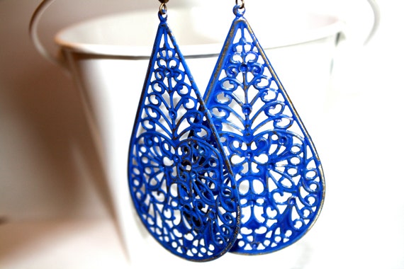 Royal Blue Teardrop Filigree Earrings, Handpainted Earrings, Bronze Filigree Earrings,Earrings Boho Earrings Rustic Jewelry Dangle Earrings
