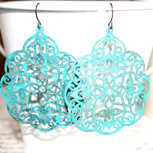 Turquoise Filigree Earrings, Handpainted Earrings, Bronze Filigree Earrings,Earrings Boho Earrings Rustic Jewelry Dangle Earrings