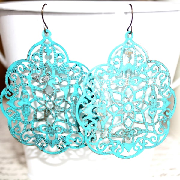 Turquoise Filigree Earrings, Handpainted Earrings, Bronze Filigree Earrings,Earrings Boho Earrings Rustic Jewelry Dangle Earrings