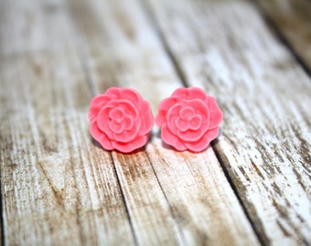 Pink Flower Earrings, Stud Earrings