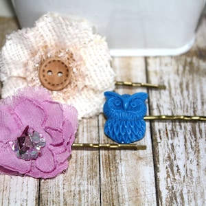 Owl Hair Pins, Floral Hair Accessories, Owl Cabochon,  Flower Hair Pins, Set of 3 Bobby Pins/clip