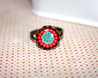 Red Flower Adjustable  Ring, Boho Ring, Holiday Jewelry, Gift