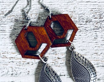 Silver and Wood Earrings, Dangle Earrings, Deco Earrings, Silver Jewelry,