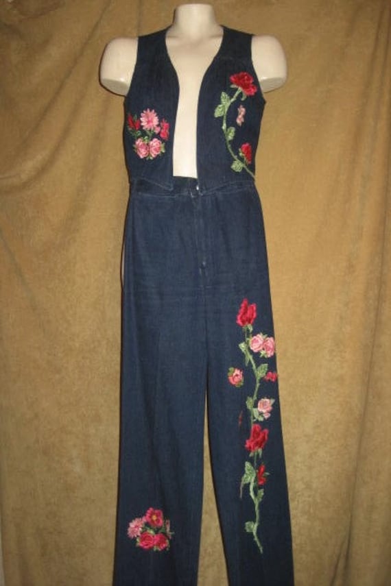 Denim Pants & Vest Set Rose Floral Applique 70s Pe