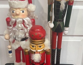 Vintage Christmas Nutcracker Set Santa Soldier Drummer Wooden Holiday Decor Red Green Collectible Display