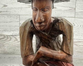 Sculpture de batteur haïtienne vintage en bois sculpté à la main, statue de musicien d'art populaire