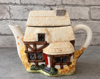 Vintage Cottage Teapot Thatched Roof Ceramic Tea Pot Storybook Tudor House England Style Collectible Cottagecore Decor Rustic Kitchenware