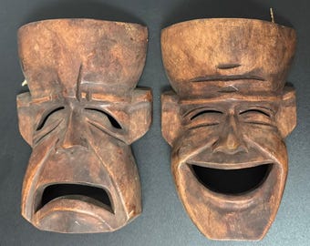 Vintage Hand Carved Wooden Tribal Masks Set of 2 | Comedy Tragedy Wall Decor | Folk Art Hanging Masks