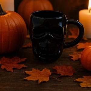 Black Skull Mug: Gothic Coffee Cup - Spooky Ceramic Design