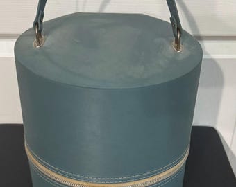 Vintage Hat Box Round Travel Case Blue Train Case Mid Century Storage Retro Luggage Vanity Case 1960s 1970s