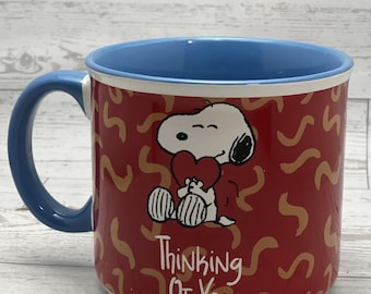 Peanuts Snoopy pense à vous Mug | Tasse à café en céramique rouge bleu | Cadeau Saint-Valentin |