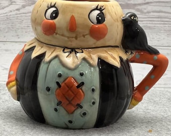 Johanna Parker Scarecrow Mug by Transpac Carnival Cottage Harvest Folk Art, Halloween Coffee Cup with Crow Handle Collectible Autumn Ceramic