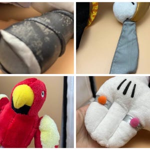 May include: Close-up of four plush toy details. Includes a gray boot, a white and gold head with a gray tie, a red parrot with a yellow beak, and a white glove with black lines and orange and pink accents.
