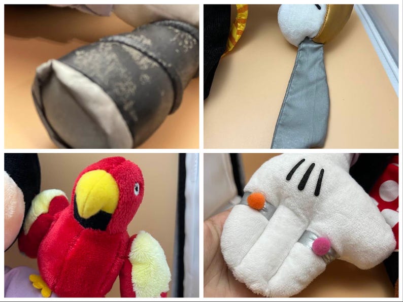 May include: Close-up of four plush toy details. Includes a gray boot, a white and gold head with a gray tie, a red parrot with a yellow beak, and a white glove with black lines and orange and pink accents.