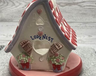 Vintage Love Nest Ceramic Candle Holder House w/ Heart Base – Valentine Decor CCA Birdhouse Cottage Tealight Holder Romantic Home Accent