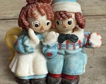 Vintage Raggedy Ann & Andy Double Planter Vase | Ceramic Figurine Planter Country Decor