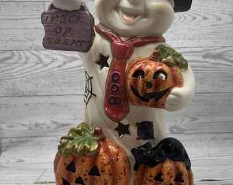 Lampe fantôme vintage en céramique : citrouille d'Halloween, décoration de chat noir