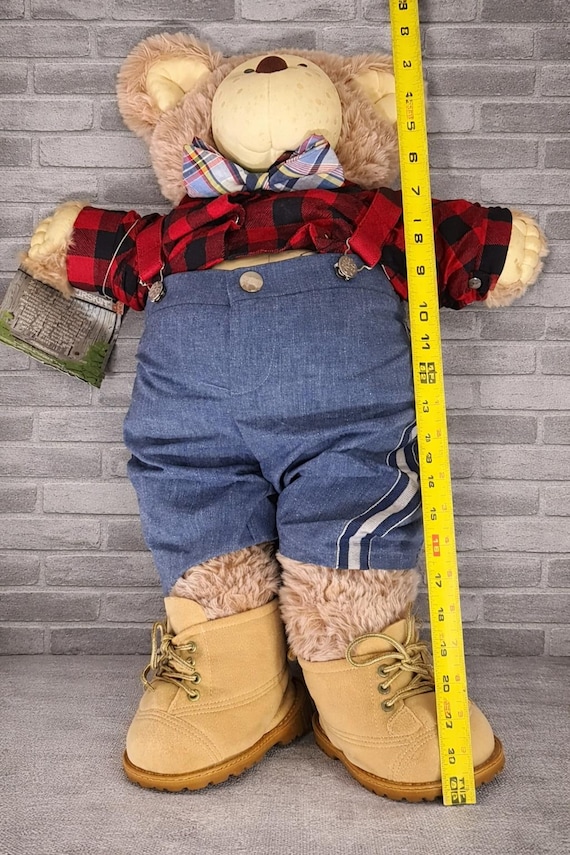 Vintage Teddy Bear Plush Dressed Bear Overalls Plaid Shirt