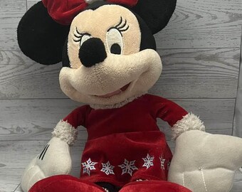 Disney Minnie Mouse Christmas Plush  Holiday Minnie Mouse Stuffed Animal Red Dress Snowflake Trim Bow w/ Jingle Bell