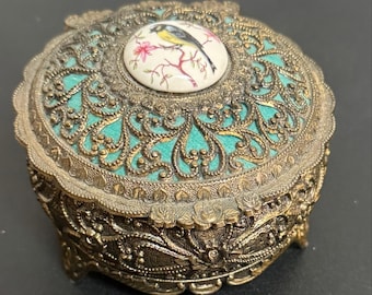 Boîte à bijoux musicale japonaise vintage : couvercle en porcelaine oiseau, souvenir en émail turquoise