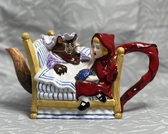 Vintage Little Red Riding Hood & Big Bad Wolf Ceramic Teapot Fairy Tale Collectible Decor Missing Lid