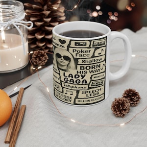 Lady Gaga Collage Mug: Iconic Songs, Floral Accents