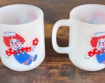 Vintage Frosted Glass Mug Set Raggedy Ann & Andy Coffee Cups Milk Glass Retro Pair